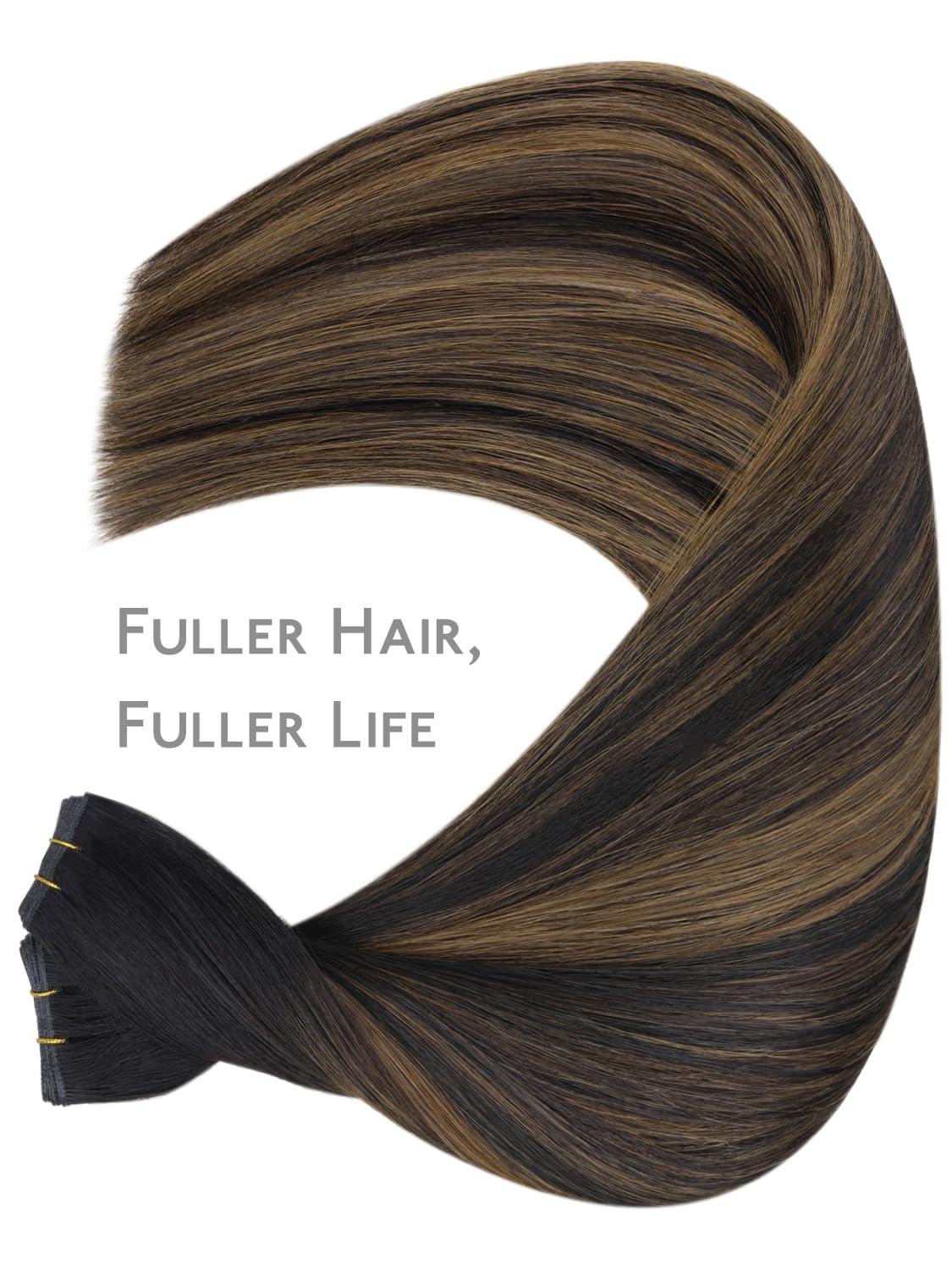 imageWENNALIFE Sew in Hair Extensions Real Human Hair 18 Inch 90g Natural Black Machine Weft Remy Hair Hand Tied Weft Straight Extensiones De Cabello HmanoGe4274 Balayage Chocolate Brown to Caramel Blonde