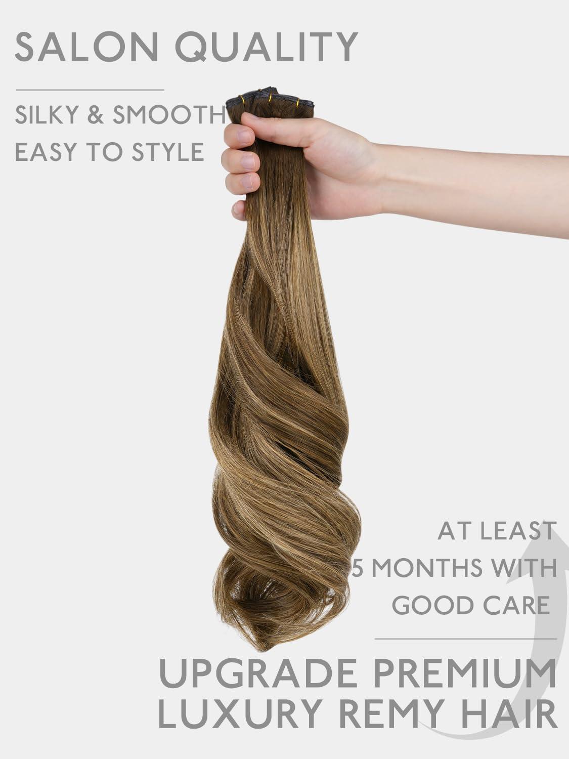 imageWENNALIFE Sew in Hair Extensions Real Human Hair 18 Inch 90g Natural Black Machine Weft Remy Hair Hand Tied Weft Straight Extensiones De Cabello HmanoGe4274 Balayage Chocolate Brown to Caramel Blonde