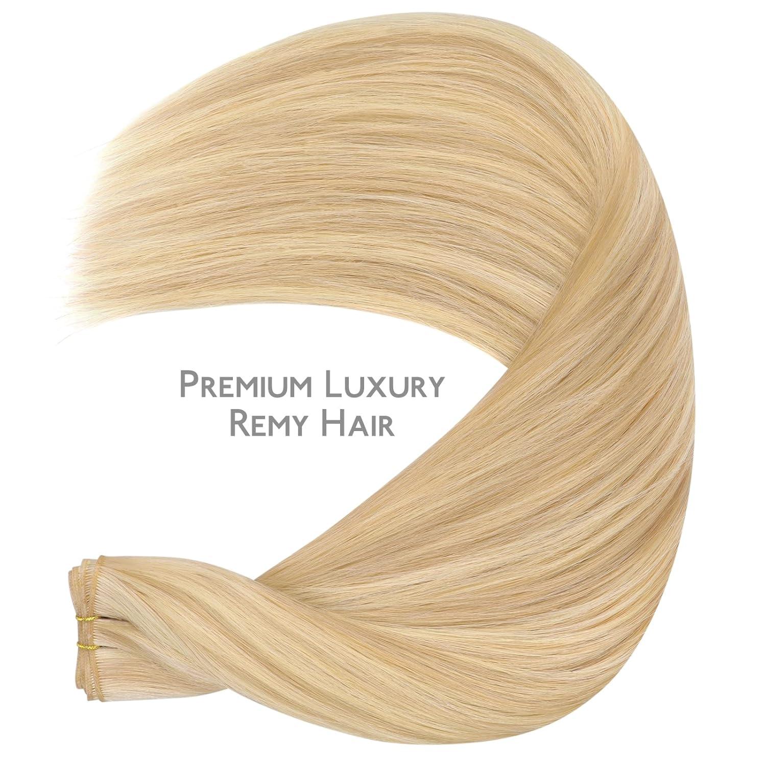 imageWENNALIFE Sew in Hair Extensions Real Human Hair 18 Inch 90g Natural Black Machine Weft Remy Hair Hand Tied Weft Straight Extensiones De Cabello HmanoGe1622 Light Blonde Highlighted Golden Blonde