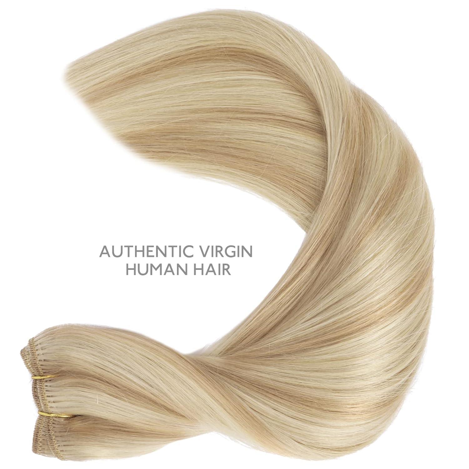 imageWENNALIFE Sew in Hair Extensions Real Human Hair 18 Inch 90g Natural Black Machine Weft Remy Hair Hand Tied Weft Straight Extensiones De Cabello Hmano1622 Light Blonde Highlighted Golden Blonde