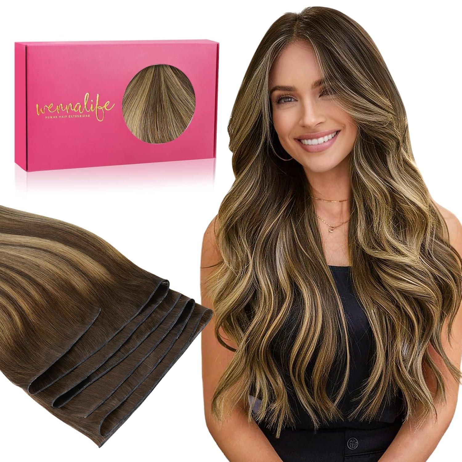 imageWENNALIFE Sew in Hair Extensions Real Human Hair 18 Inch 90g Natural Black Machine Weft Remy Hair Hand Tied Weft Straight Extensiones De Cabello HmanoGe4274 Balayage Chocolate Brown to Caramel Blonde