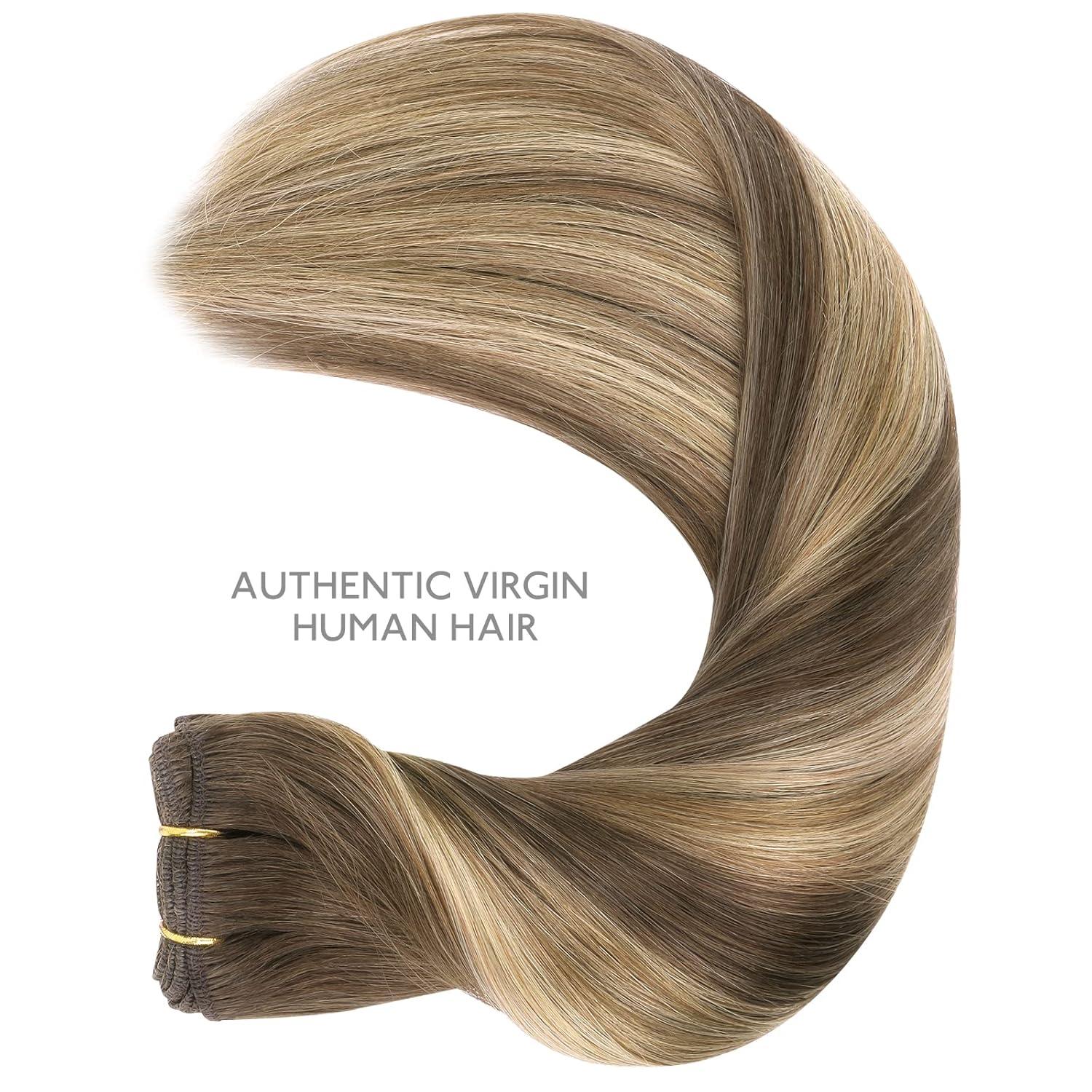 imageWENNALIFE Sew in Hair Extensions Real Human Hair 18 Inch 90g Natural Black Machine Weft Remy Hair Hand Tied Weft Straight Extensiones De Cabello Hmano4274 Balayage Chocolate Brown to Caramel Blonde
