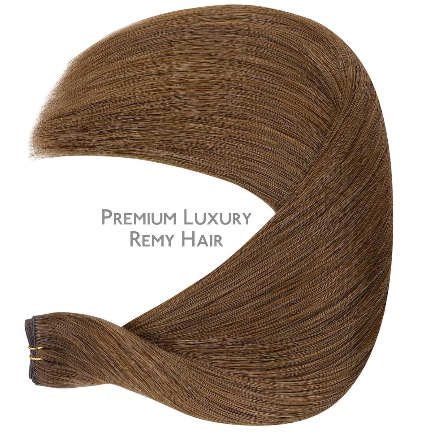 imageWENNALIFE Sew in Hair Extensions Real Human Hair 18 Inch 90g Natural Black Machine Weft Remy Hair Hand Tied Weft Straight Extensiones De Cabello HmanoGe5R Light Auburn Brown