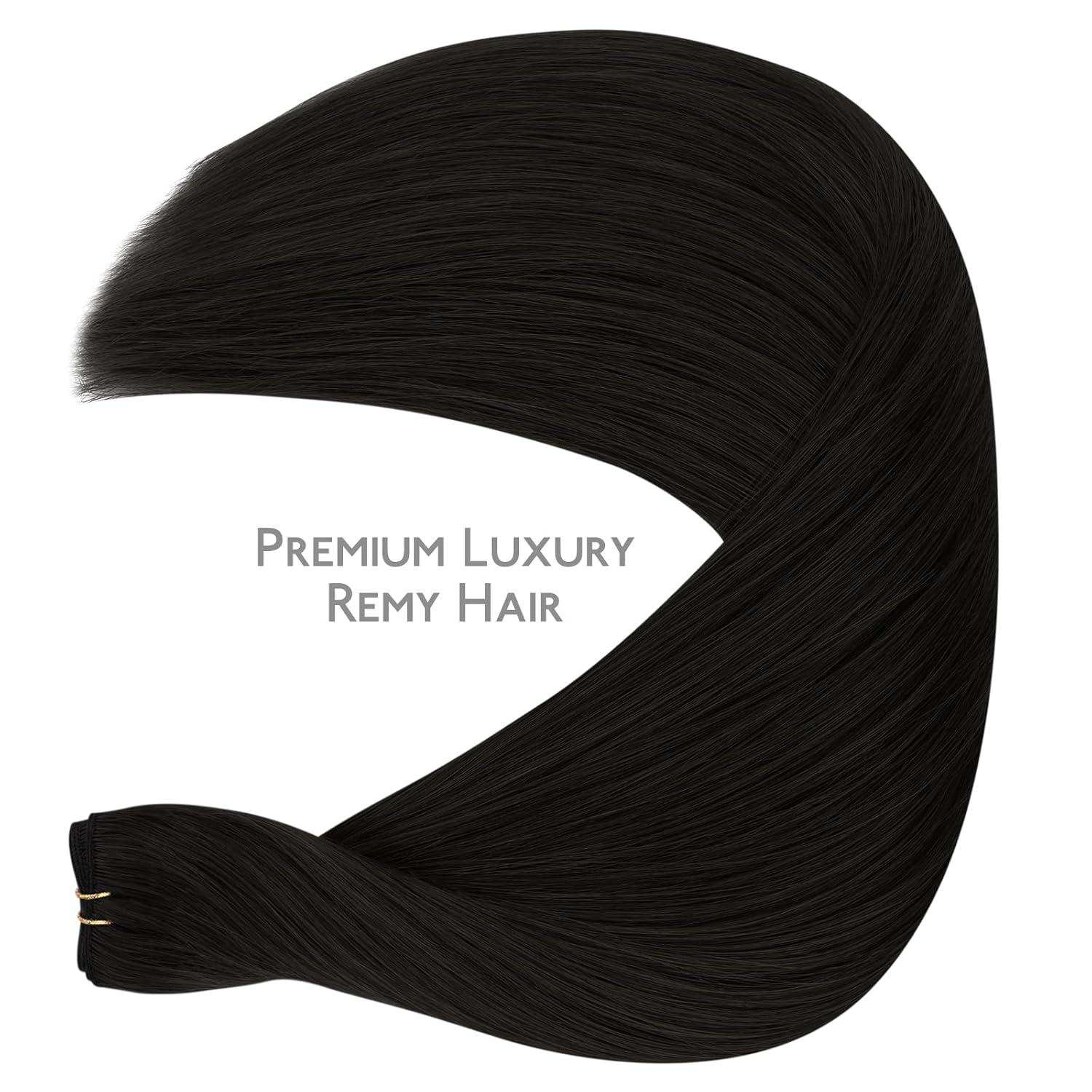 imageWENNALIFE Sew in Hair Extensions Real Human Hair 18 Inch 90g Natural Black Machine Weft Remy Hair Hand Tied Weft Straight Extensiones De Cabello HmanoGe1B Natural Black