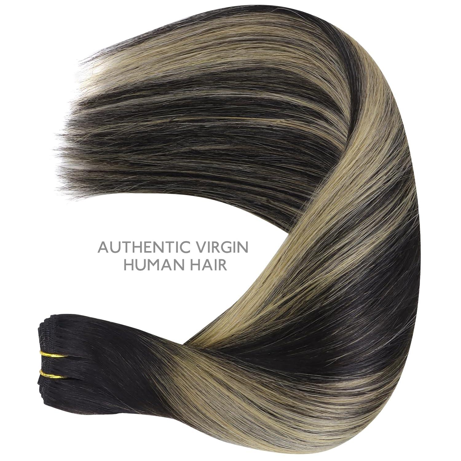 imageWENNALIFE Sew in Hair Extensions Real Human Hair 18 Inch 90g Natural Black Machine Weft Remy Hair Hand Tied Weft Straight Extensiones De Cabello Hmano1B191B Balayage Natural Black to Light Blonde