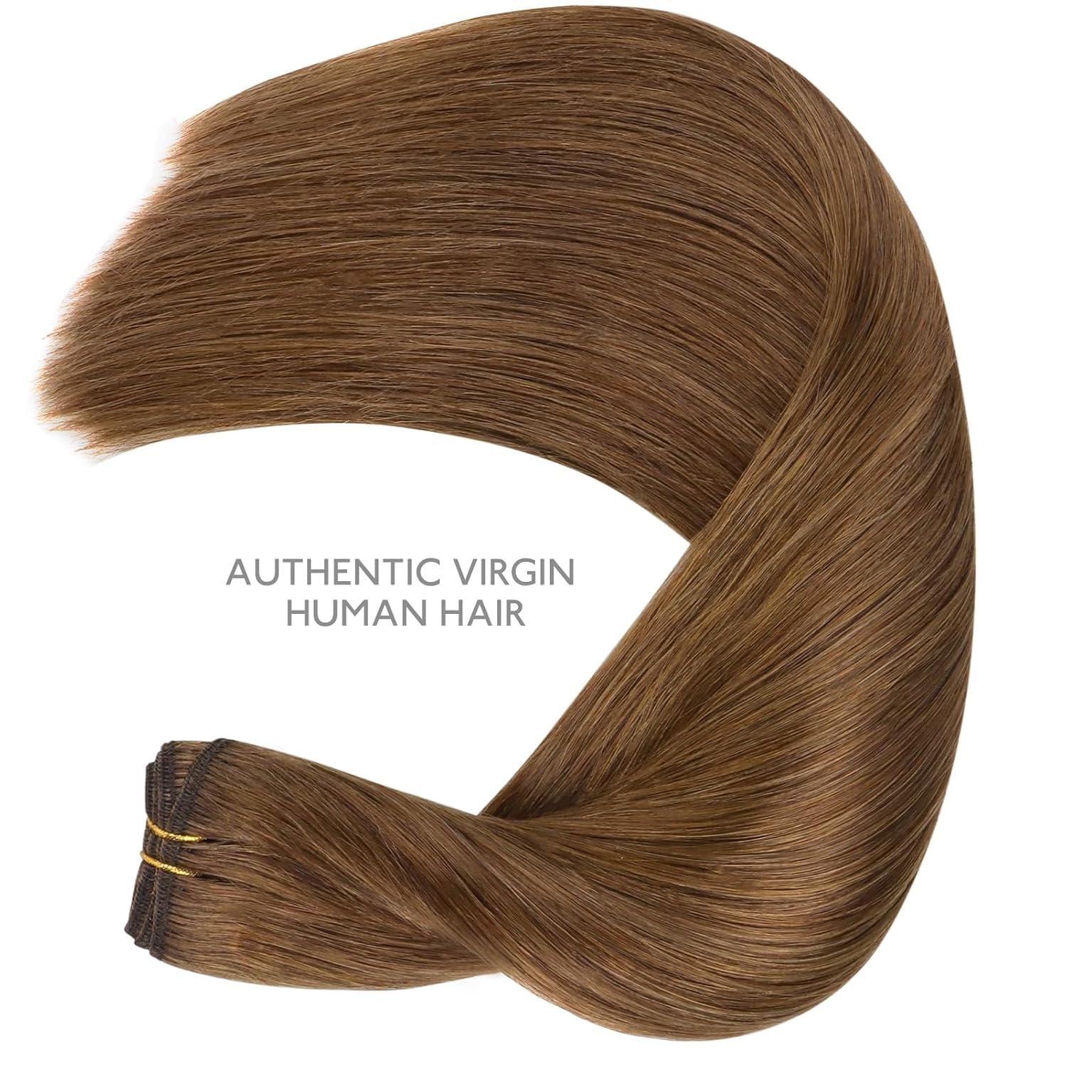 imageWENNALIFE Sew in Hair Extensions Real Human Hair 18 Inch 90g Natural Black Machine Weft Remy Hair Hand Tied Weft Straight Extensiones De Cabello Hmano5R Light Auburn Brown