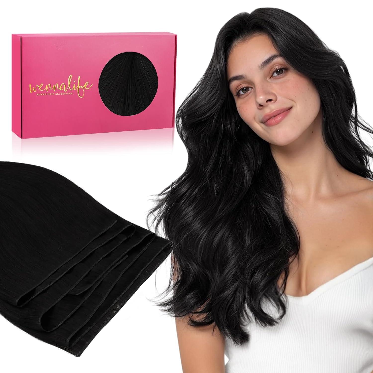 imageWENNALIFE Sew in Hair Extensions Real Human Hair 18 Inch 90g Natural Black Machine Weft Remy Hair Hand Tied Weft Straight Extensiones De Cabello HmanoGe1 Jet Black