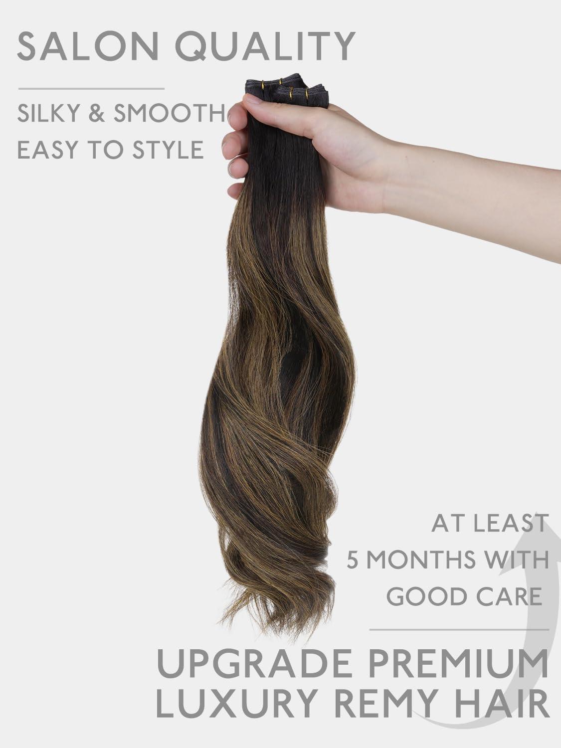 imageWENNALIFE Sew in Hair Extensions Real Human Hair 18 Inch 90g Natural Black Machine Weft Remy Hair Hand Tied Weft Straight Extensiones De Cabello HmanoGe4274 Balayage Chocolate Brown to Caramel Blonde