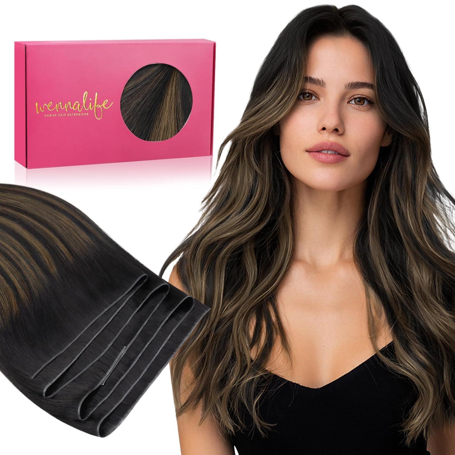 imageWENNALIFE Sew in Hair Extensions Real Human Hair 18 Inch 90g Natural Black Machine Weft Remy Hair Hand Tied Weft Straight Extensiones De Cabello HmanoGe4274 Balayage Chocolate Brown to Caramel Blonde