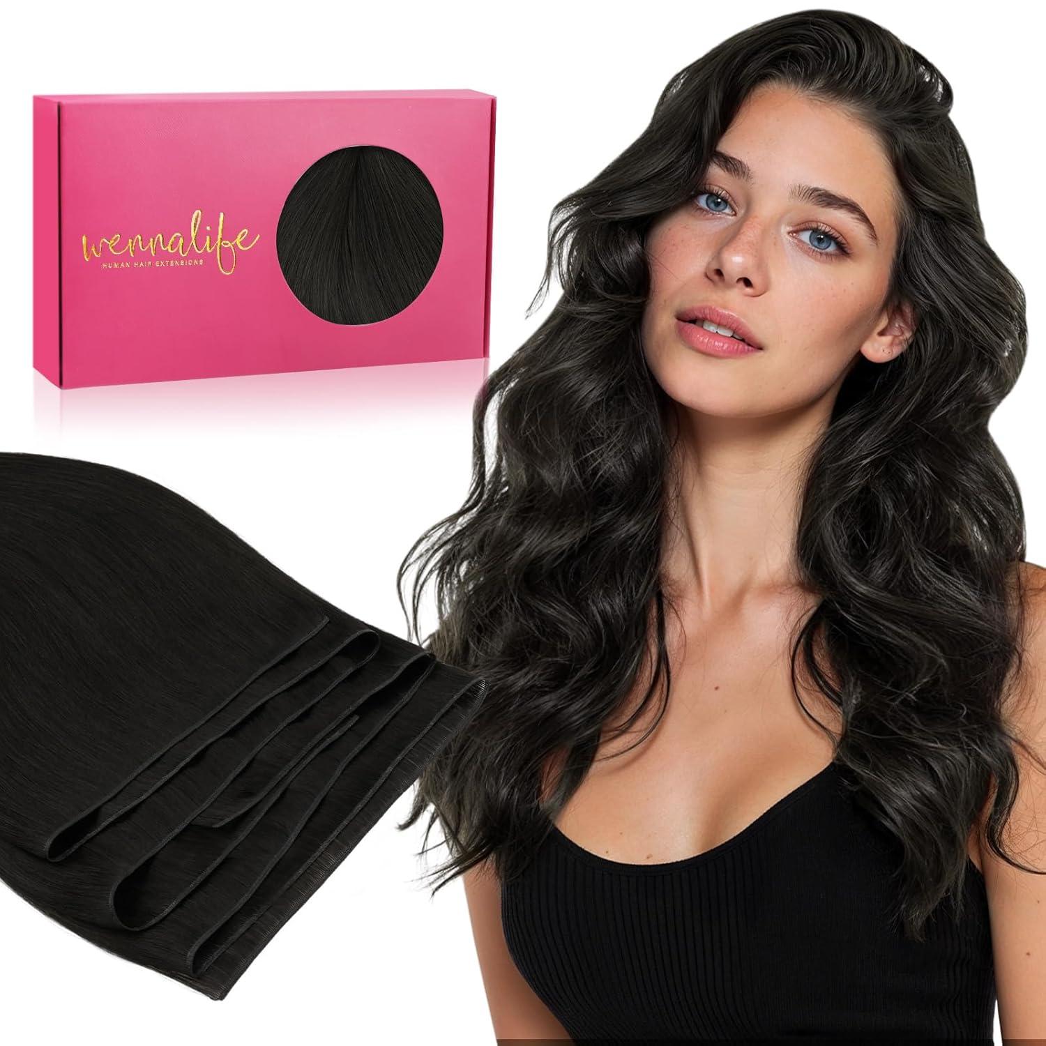 imageWENNALIFE Sew in Hair Extensions Real Human Hair 18 Inch 90g Natural Black Machine Weft Remy Hair Hand Tied Weft Straight Extensiones De Cabello Hmano1B Natural Black