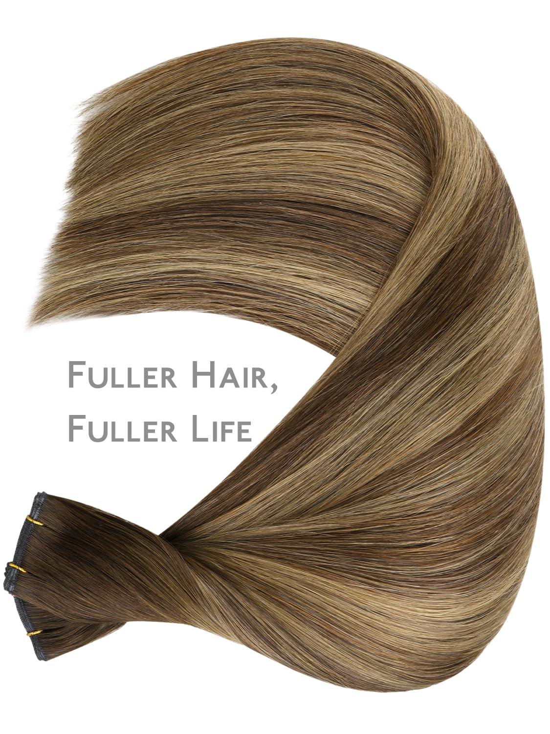 imageWENNALIFE Sew in Hair Extensions Real Human Hair 18 Inch 90g Natural Black Machine Weft Remy Hair Hand Tied Weft Straight Extensiones De Cabello HmanoGe4274 Balayage Chocolate Brown to Caramel Blonde