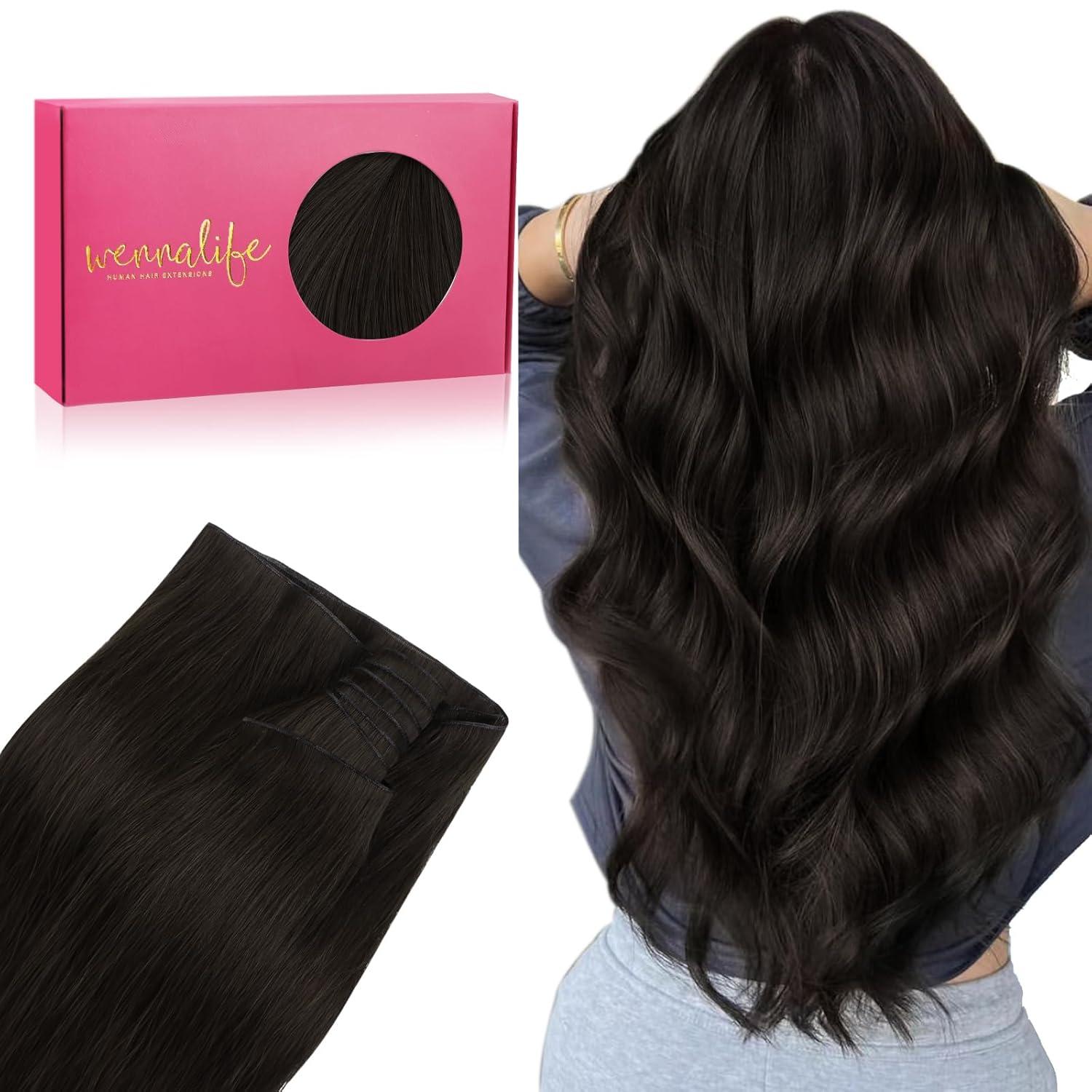 imageWENNALIFE Sew in Hair Extensions Real Human Hair 18 Inch 90g Natural Black Machine Weft Remy Hair Hand Tied Weft Straight Extensiones De Cabello HmanoGe2 Dark Brown