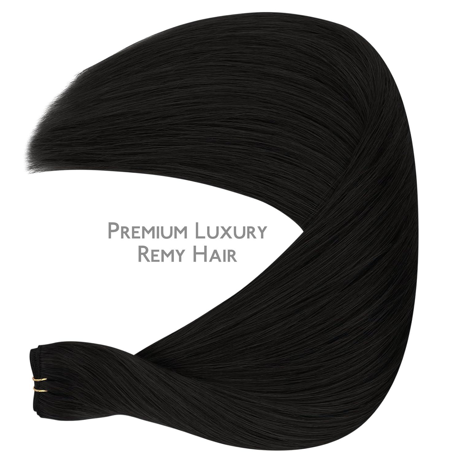 imageWENNALIFE Sew in Hair Extensions Real Human Hair 18 Inch 90g Natural Black Machine Weft Remy Hair Hand Tied Weft Straight Extensiones De Cabello HmanoGe1 Jet Black