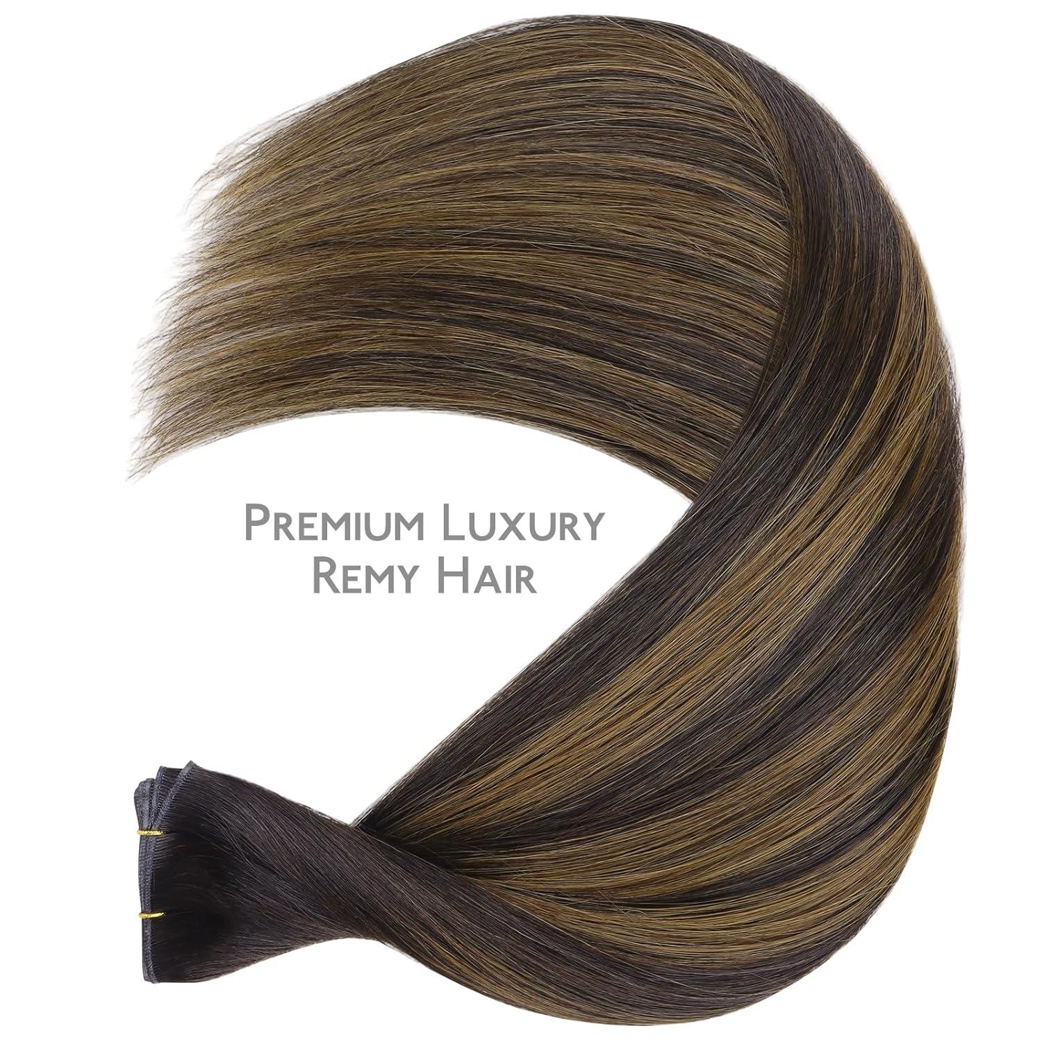 imageWENNALIFE Sew in Hair Extensions Real Human Hair 18 Inch 90g Natural Black Machine Weft Remy Hair Hand Tied Weft Straight Extensiones De Cabello HmanoGe262 Balayage Dark Brown Mixed Chestnut Brown