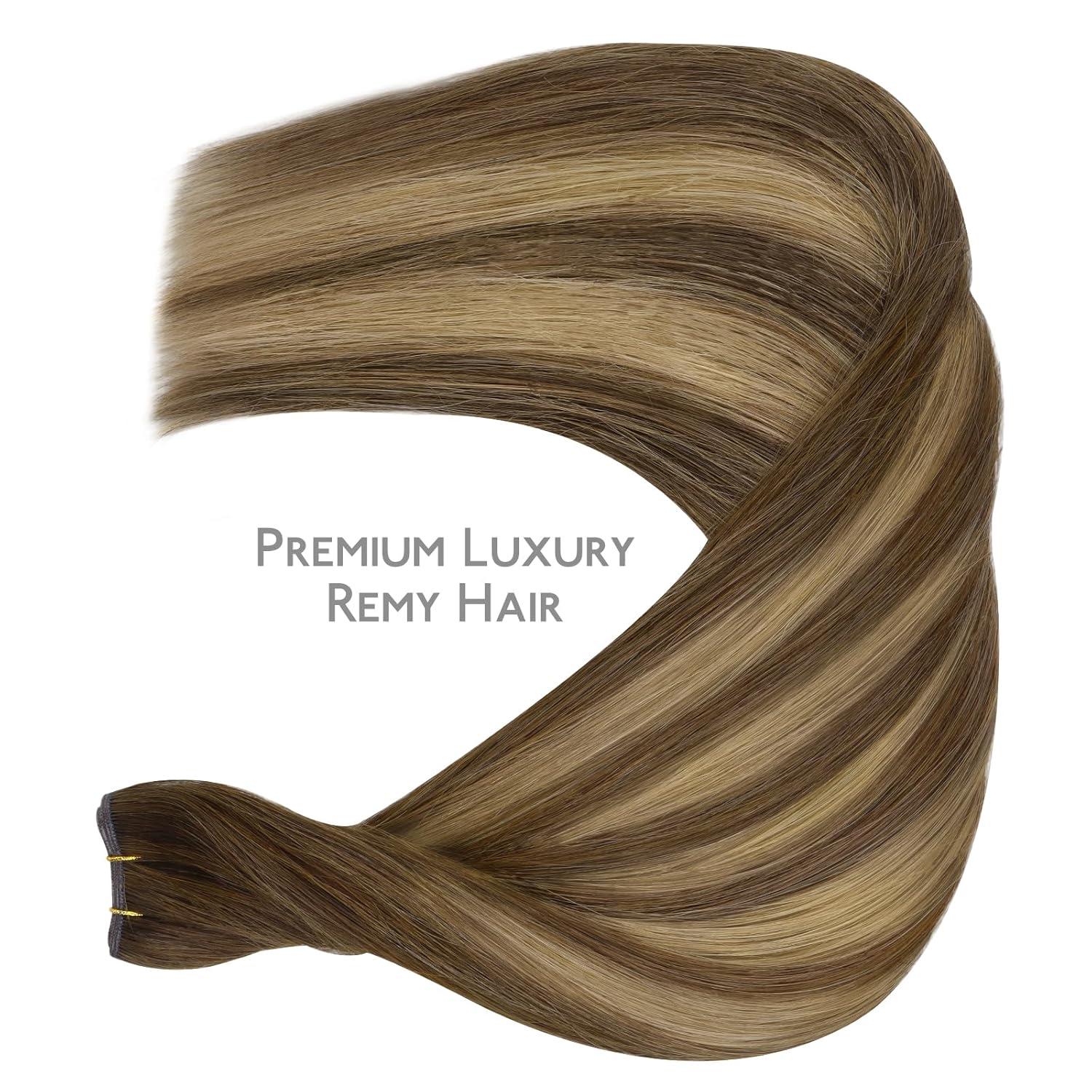 imageWENNALIFE Sew in Hair Extensions Real Human Hair 18 Inch 90g Natural Black Machine Weft Remy Hair Hand Tied Weft Straight Extensiones De Cabello HmanoGe4274 Balayage Chocolate Brown to Caramel Blonde