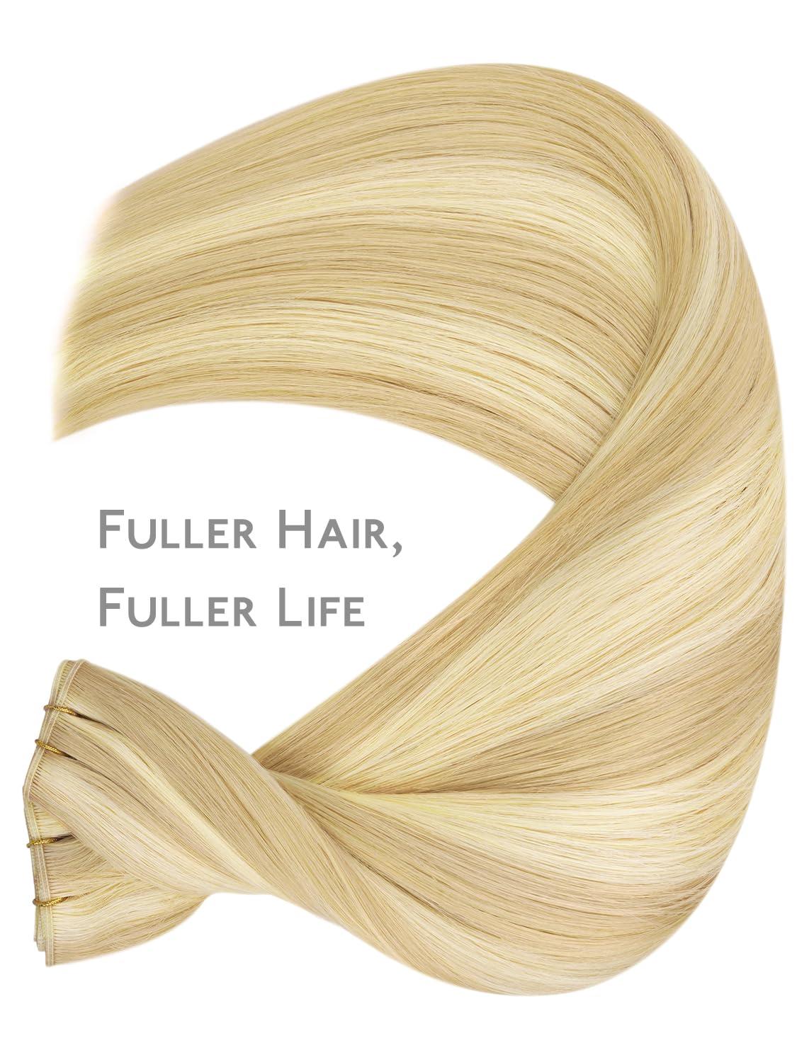 imageWENNALIFE Sew in Hair Extensions Real Human Hair 18 Inch 90g Natural Black Machine Weft Remy Hair Hand Tied Weft Straight Extensiones De Cabello HmanoGe1622 Light Blonde Highlighted Golden Blonde