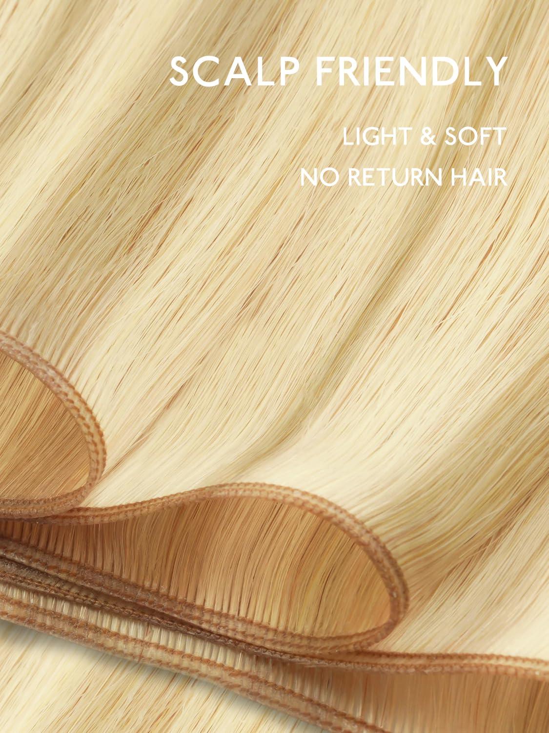 imageWENNALIFE Sew in Hair Extensions Real Human Hair 18 Inch 90g Natural Black Machine Weft Remy Hair Hand Tied Weft Straight Extensiones De Cabello HmanoGe1622 Light Blonde Highlighted Golden Blonde