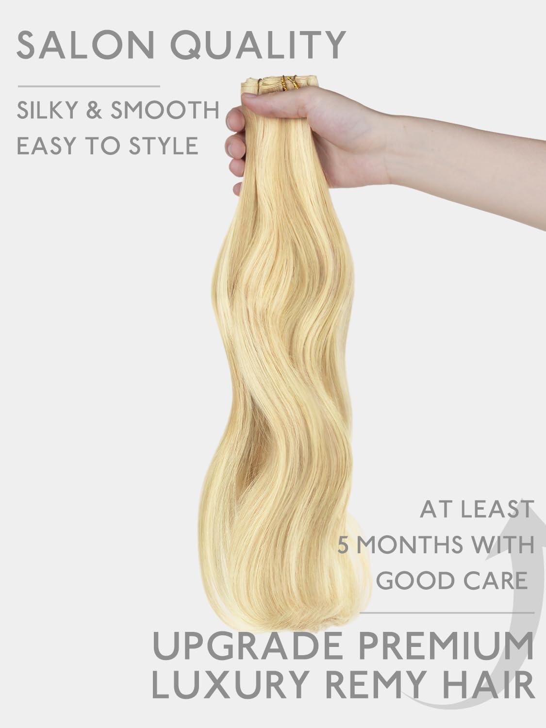 imageWENNALIFE Sew in Hair Extensions Real Human Hair 18 Inch 90g Natural Black Machine Weft Remy Hair Hand Tied Weft Straight Extensiones De Cabello HmanoGe1622 Light Blonde Highlighted Golden Blonde