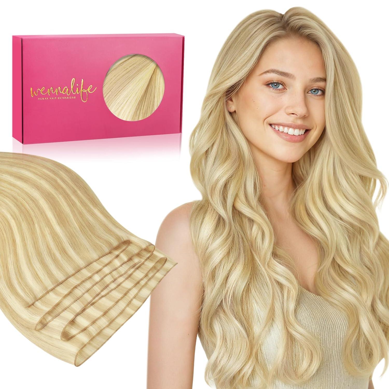 imageWENNALIFE Sew in Hair Extensions Real Human Hair 18 Inch 90g Natural Black Machine Weft Remy Hair Hand Tied Weft Straight Extensiones De Cabello HmanoGe1622 Light Blonde Highlighted Golden Blonde