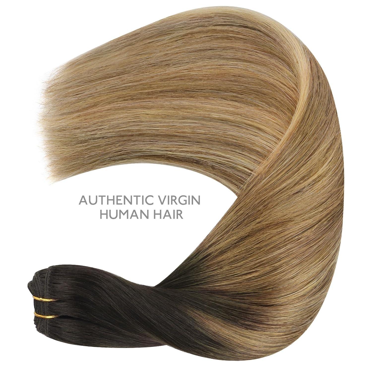 imageWENNALIFE Sew in Hair Extensions Real Human Hair 18 Inch 90g Natural Black Machine Weft Remy Hair Hand Tied Weft Straight Extensiones De Cabello Hmano2618 Dark Brown to Chestnut Brown and Dirty Blonde Highlighted