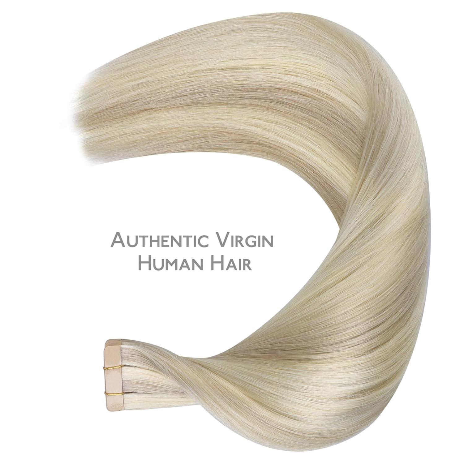 imageWENNALIFE Tape in Hair Extensions Human Hair Ash Blonde Highlighted Platinum Blonde Tape in Extensions 10pcs 25g 18 inch Remy Invisible Tape Ins Straight Soft Real Human Hair Tape in Extensions