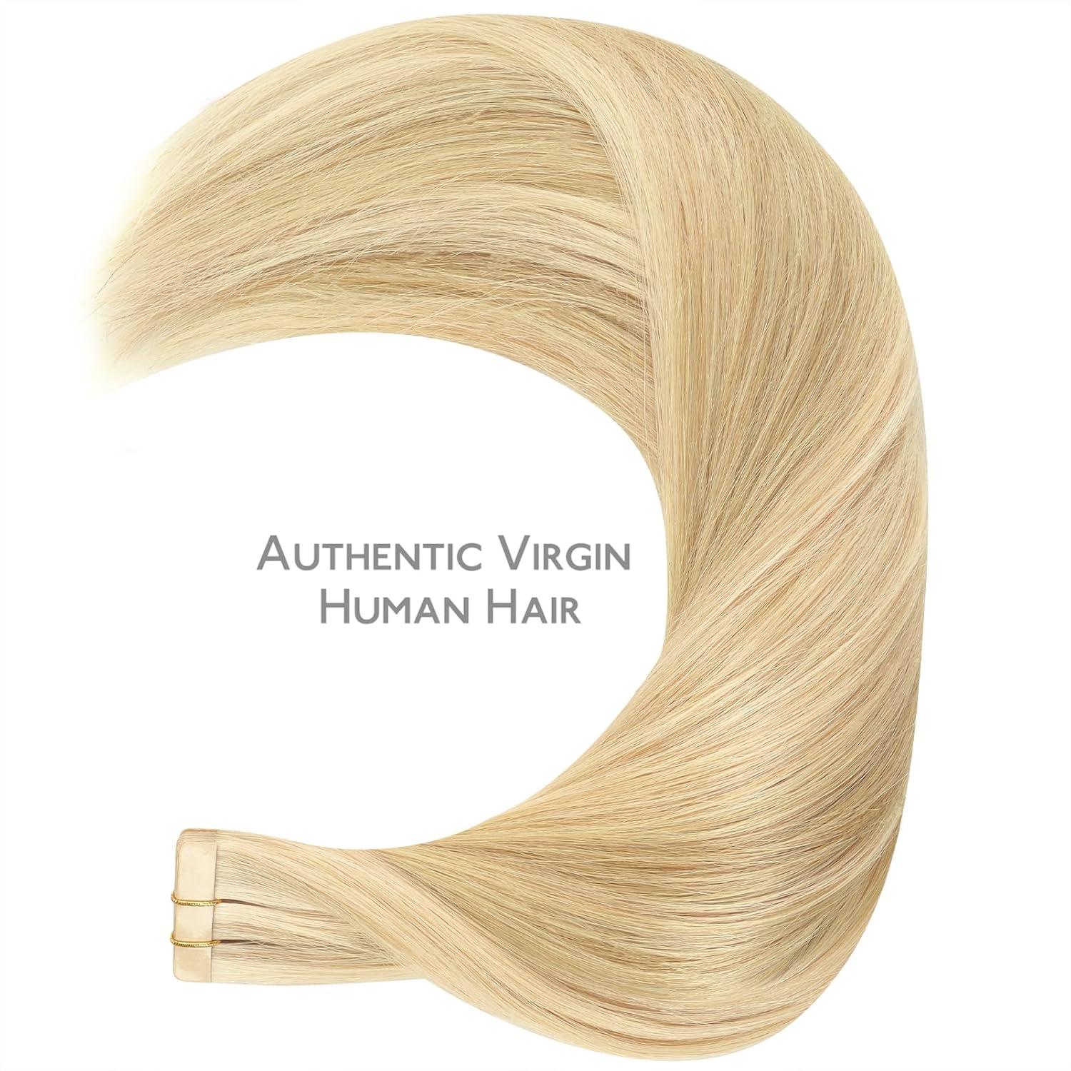 imageWENNALIFE Tape in Hair Extensions Human Hair Light Blonde Highlighted Golden Blonde Tape in Extensions 10pcs 25g 18 inch Remy Invisible Tape Ins Straight Soft Real Human Hair Tape in Extensions