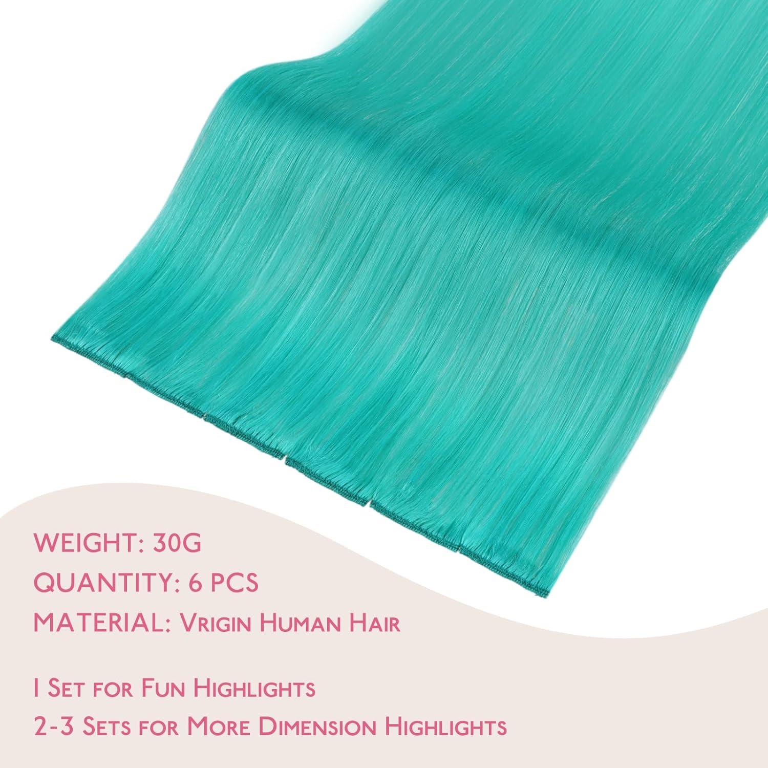 imageWENNALIFE Teal Green Clip in Hair Extensions Real Human Hair 35g 6pcs 16 Inch Colored Hair Extensions for Kids Women Colorful Hair Pieces Popup Style Straight Extensiones De Cabello Humano Con Clip