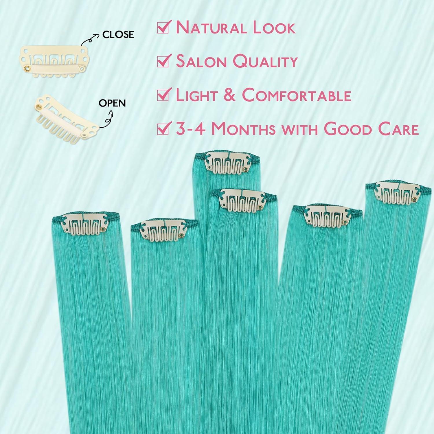 imageWENNALIFE Teal Green Clip in Hair Extensions Real Human Hair 35g 6pcs 16 Inch Colored Hair Extensions for Kids Women Colorful Hair Pieces Popup Style Straight Extensiones De Cabello Humano Con Clip