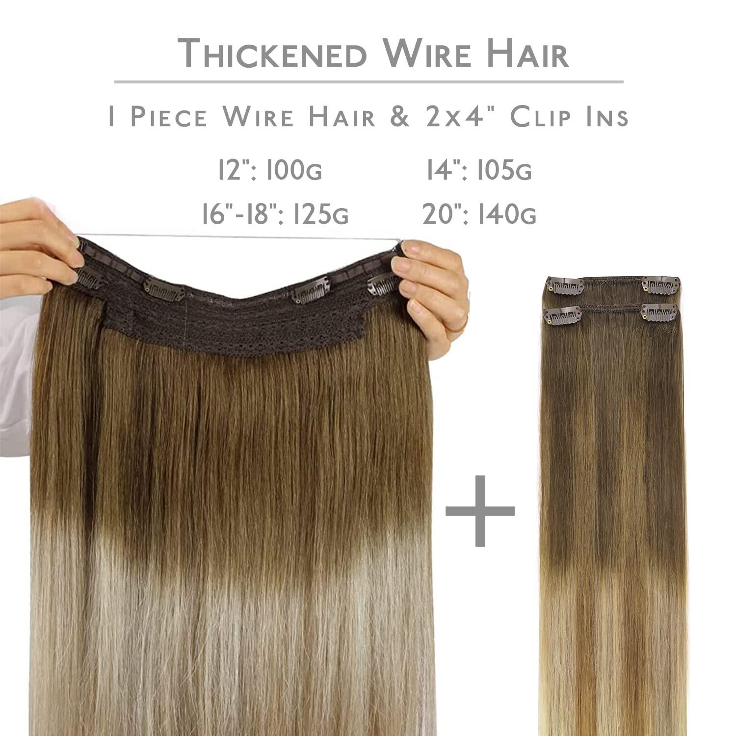 imageWENNALIFE Wire Hair Extensions Increase 50 Lifespan Real Human Hair 18 inch 95g Balayage Chocolate Brown to Honey Blonde Remy Wire Hair Extensions Invisible Transparent Real38613 Ombre Walnut Brown to Ash Brown and Bleach Blonde