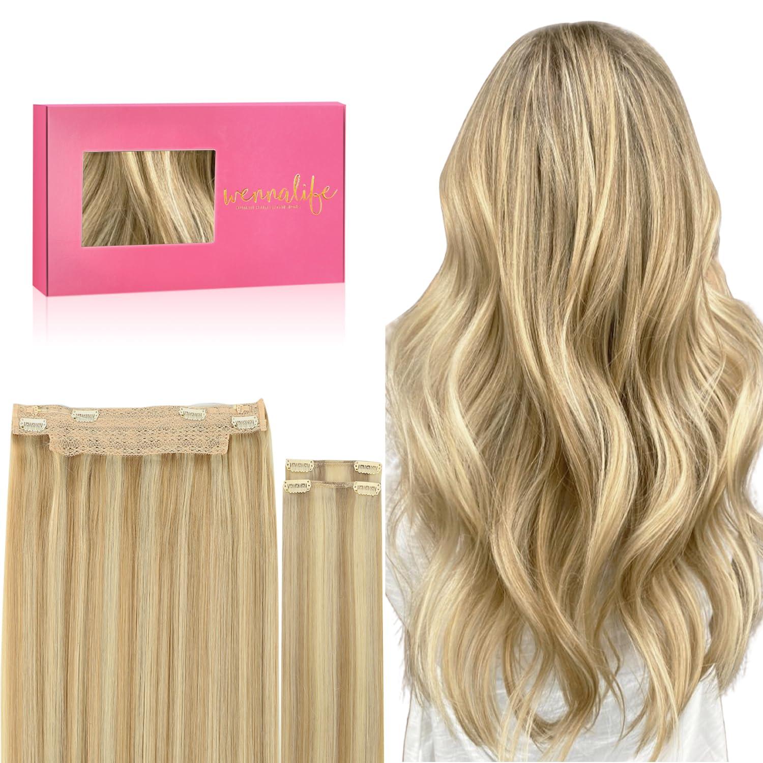 imageWENNALIFE Wire Hair Extensions Increase 50 Lifespan Real Human Hair 18 inch 95g Balayage Chocolate Brown to Honey Blonde Remy Wire Hair Extensions Invisible Transparent Real1622 Light Blonde Highlighted Golden Blonde