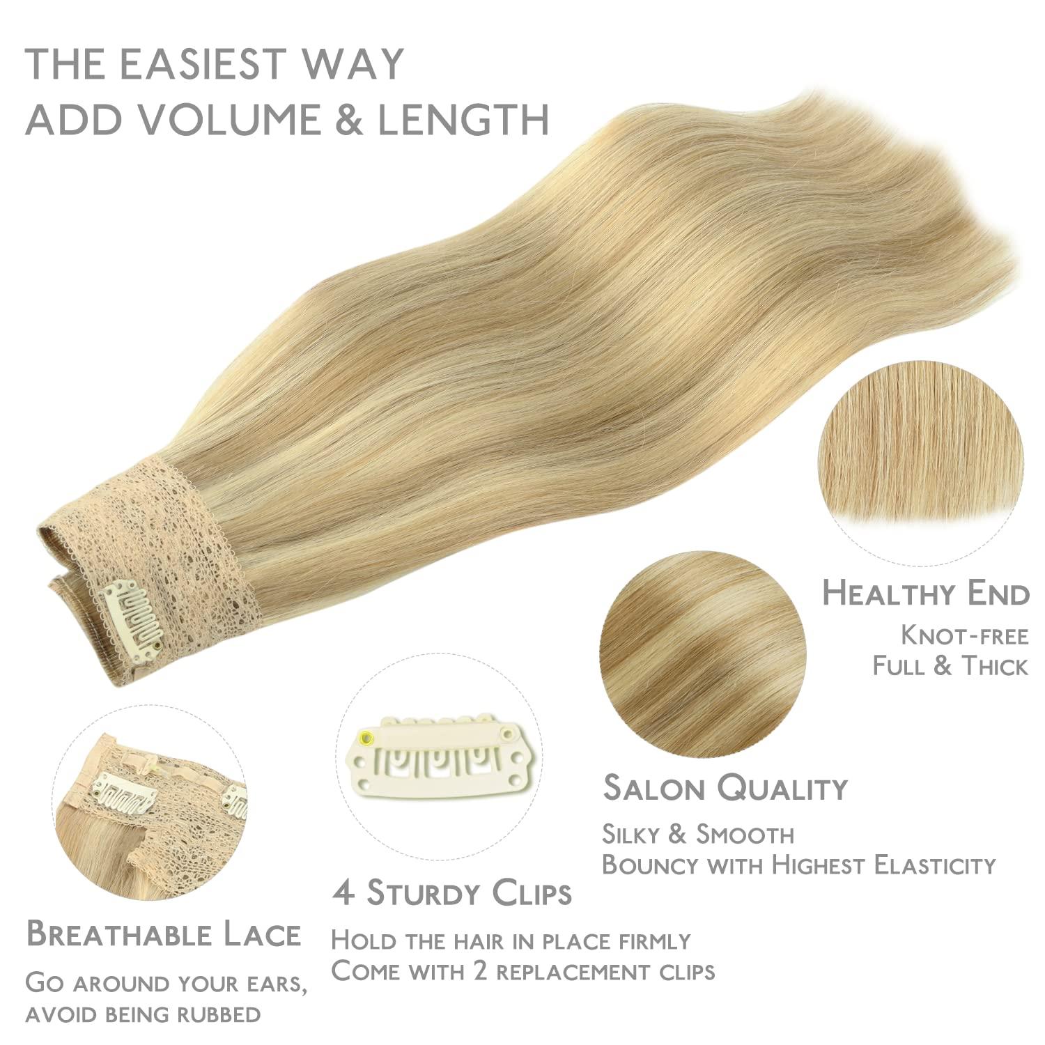 imageWENNALIFE Wire Hair Extensions Increase 50 Lifespan Real Human Hair 18 inch 95g Balayage Chocolate Brown to Honey Blonde Remy Wire Hair Extensions Invisible Transparent Real1622 Light Blonde Highlighted Golden Blonde