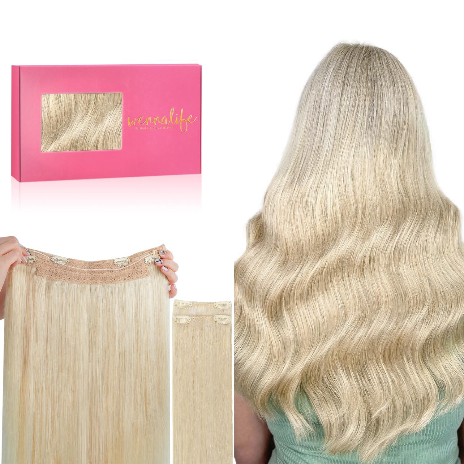 imageWENNALIFE Wire Hair Extensions Increase 50 Lifespan Real Human Hair 18 inch 95g Balayage Chocolate Brown to Honey Blonde Remy Wire Hair Extensions Invisible Transparent Real613R Bleach Blonde