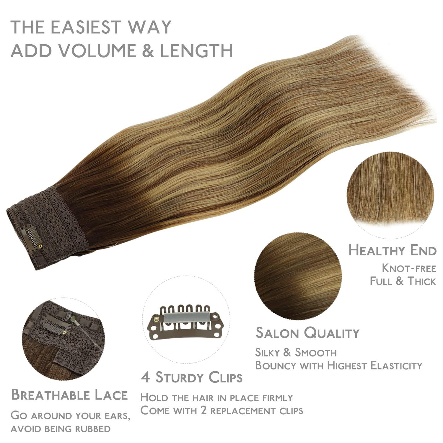 imageWENNALIFE Wire Hair Extensions Increase 50 Lifespan Real Human Hair 18 inch 95g Balayage Chocolate Brown to Honey Blonde Remy Wire Hair Extensions Invisible Transparent Real4264 Balayage Chocolate Brown to Honey Blonde