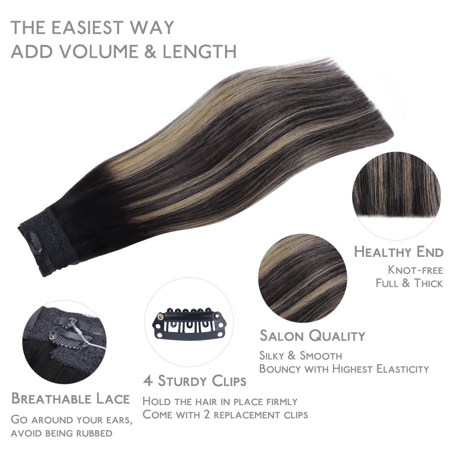 imageWENNALIFE Wire Hair Extensions Increase 50 Lifespan Real Human Hair 18 inch 95g Balayage Chocolate Brown to Honey Blonde Remy Wire Hair Extensions Invisible Transparent Real1B161B Balayage Natural Black to Light Blonde
