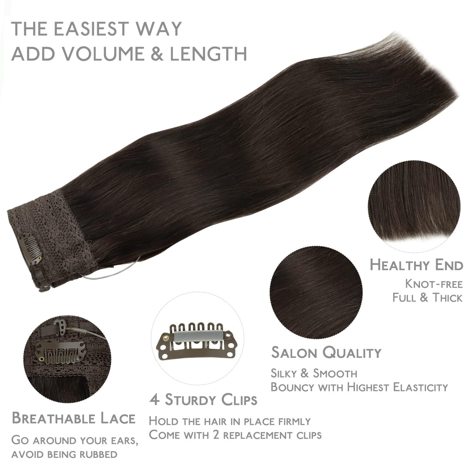imageWENNALIFE Wire Hair Extensions Increase 50 Lifespan Real Human Hair 18 inch 95g Balayage Chocolate Brown to Honey Blonde Remy Wire Hair Extensions Invisible Transparent Real2 Dark Brown