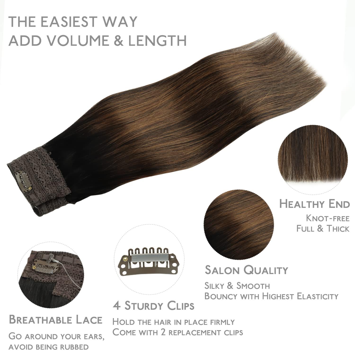 imageWENNALIFE Wire Hair Extensions Increase 50 Lifespan Real Human Hair 18 inch 95g Balayage Chocolate Brown to Honey Blonde Remy Wire Hair Extensions Invisible Transparent Real1B61B Balayage Natural Black to Chestnut Brown