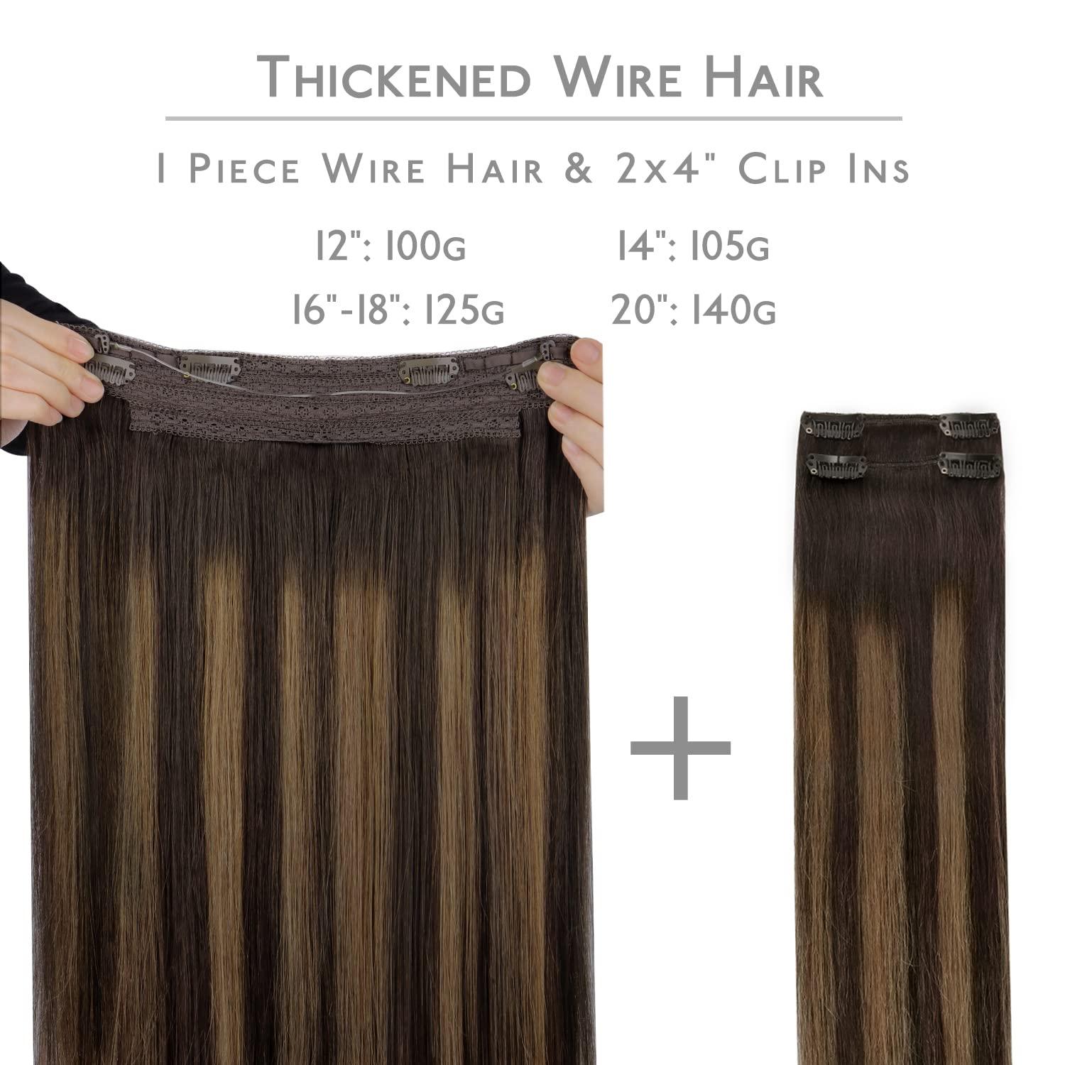 imageWENNALIFE Wire Hair Extensions Increase 50 Lifespan Real Human Hair 18 inch 95g Balayage Chocolate Brown to Honey Blonde Remy Wire Hair Extensions Invisible Transparent Real262 Balayage Dark Brown Mixed Chestnut Brown