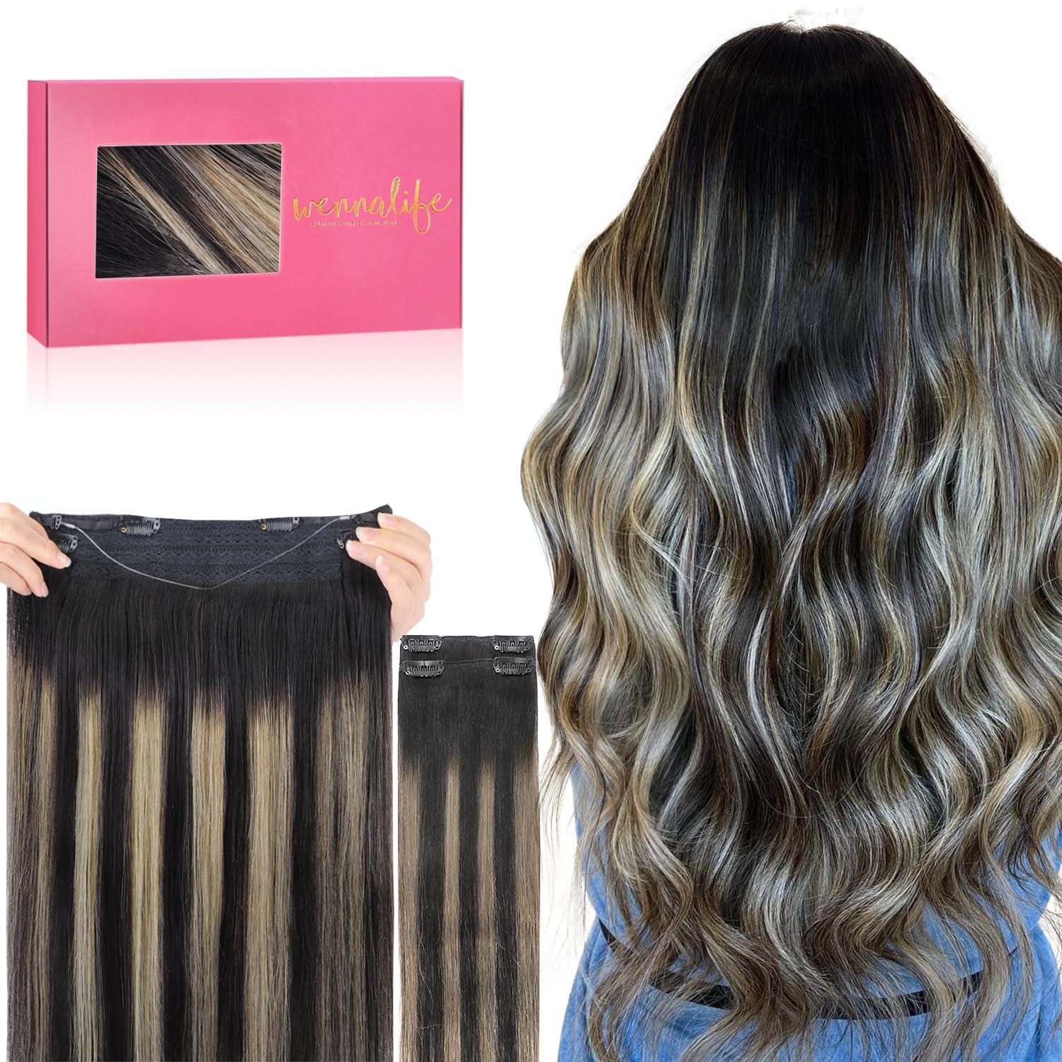 imageWENNALIFE Wire Hair Extensions Increase 50 Lifespan Real Human Hair 18 inch 95g Balayage Chocolate Brown to Honey Blonde Remy Wire Hair Extensions Invisible Transparent Real1B161B Balayage Natural Black to Light Blonde