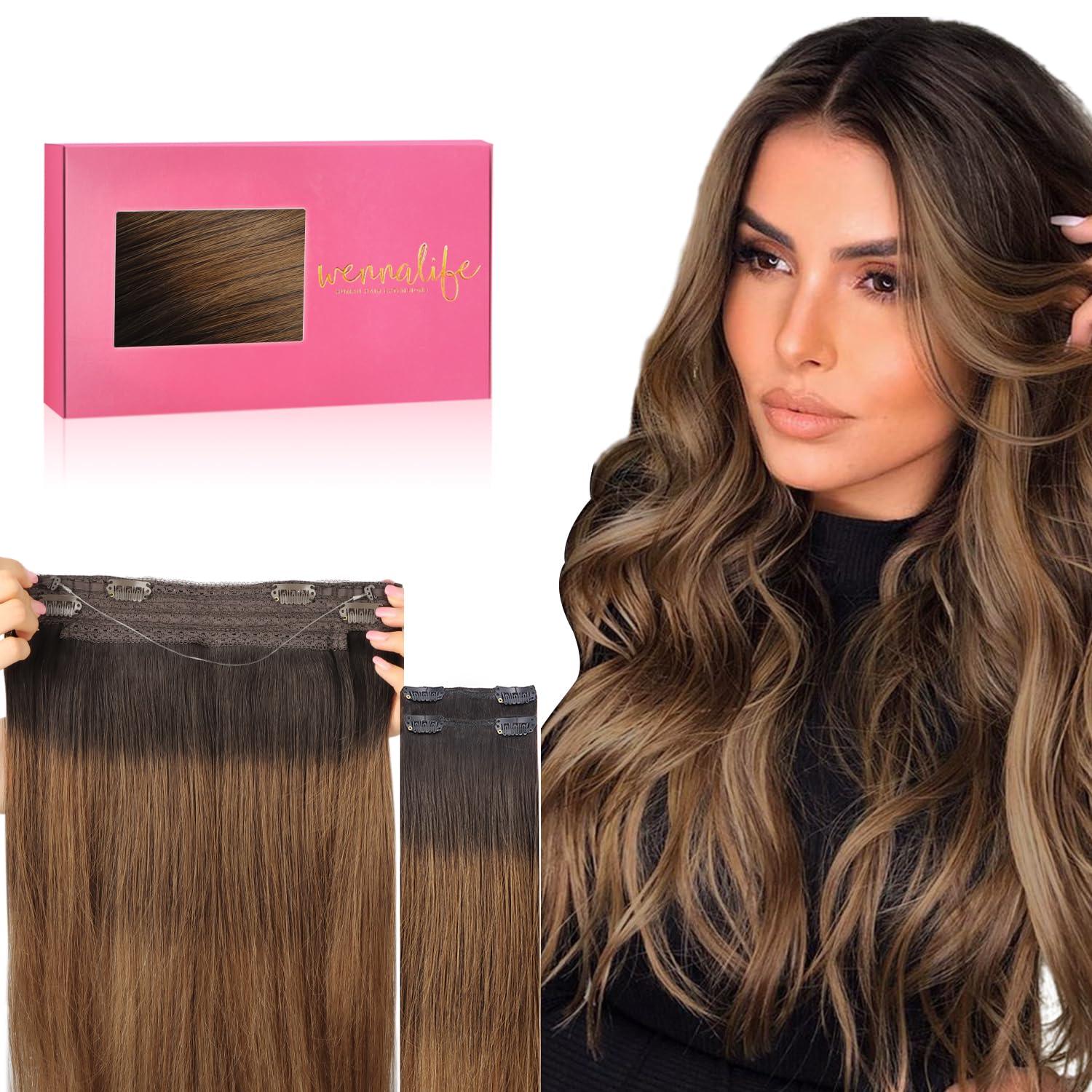 imageWENNALIFE Wire Hair Extensions Increase 50 Lifespan Real Human Hair 18 inch 95g Jet Black Remy Hair Invisible Transparent Wire Fish Line Straight Reusable Natural Extensiones De Cabello Humano2618 Dark Brown to Chestnut Brown and Dirty Blonde Highlighted
