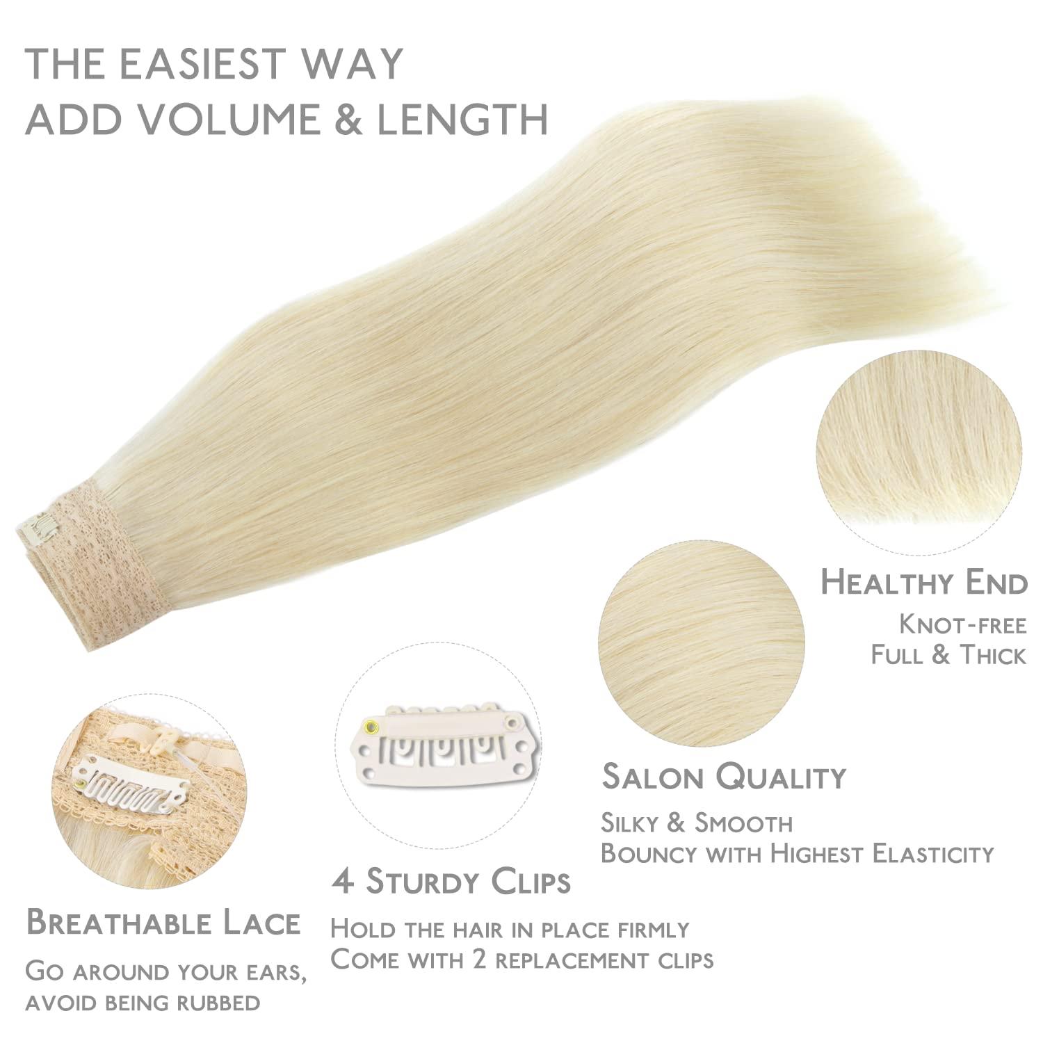 imageWENNALIFE Wire Hair Extensions Increase 50 Lifespan Real Human Hair 18 inch 95g Jet Black Remy Hair Invisible Transparent Wire Fish Line Straight Reusable Natural Extensiones De Cabello Humano613R Bleach Blonde