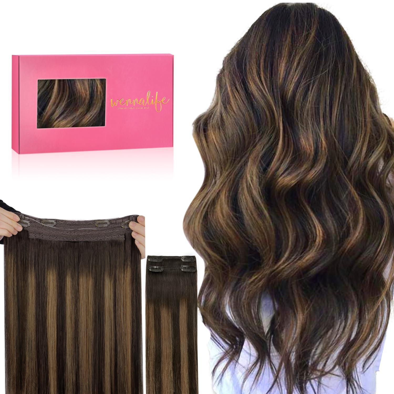 imageWENNALIFE Wire Hair Extensions Increase 50 Lifespan Real Human Hair 18 inch 95g Jet Black Remy Hair Invisible Transparent Wire Fish Line Straight Reusable Natural Extensiones De Cabello Humano262 Balayage Dark Brown Mixed Chestnut Brown
