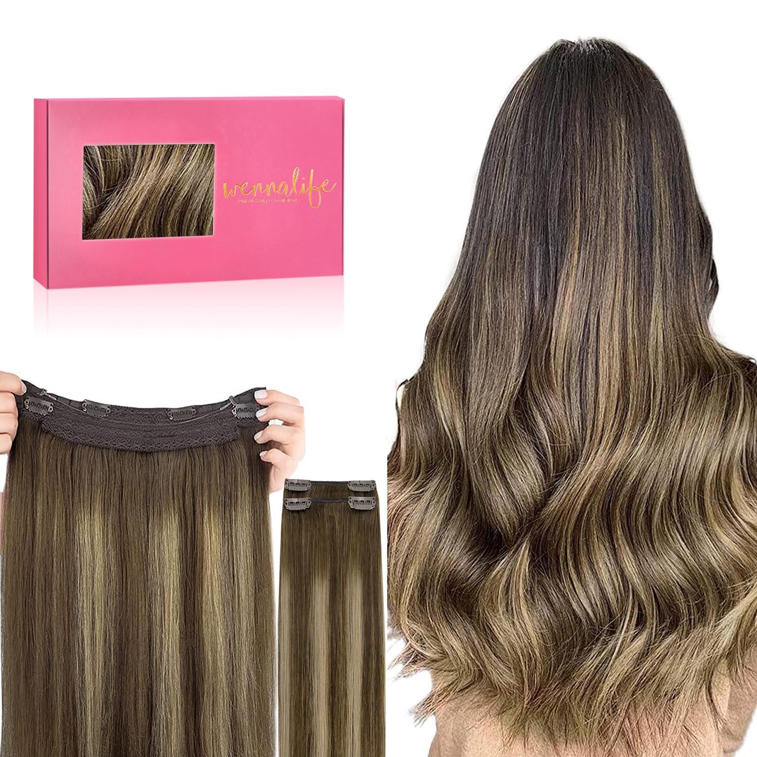 imageWENNALIFE Wire Hair Extensions Increase 50 Lifespan Real Human Hair 18 inch 95g Jet Black Remy Hair Invisible Transparent Wire Fish Line Straight Reusable Natural Extensiones De Cabello Humano4274 Balayage Chocolate Brown to Caramel Blonde