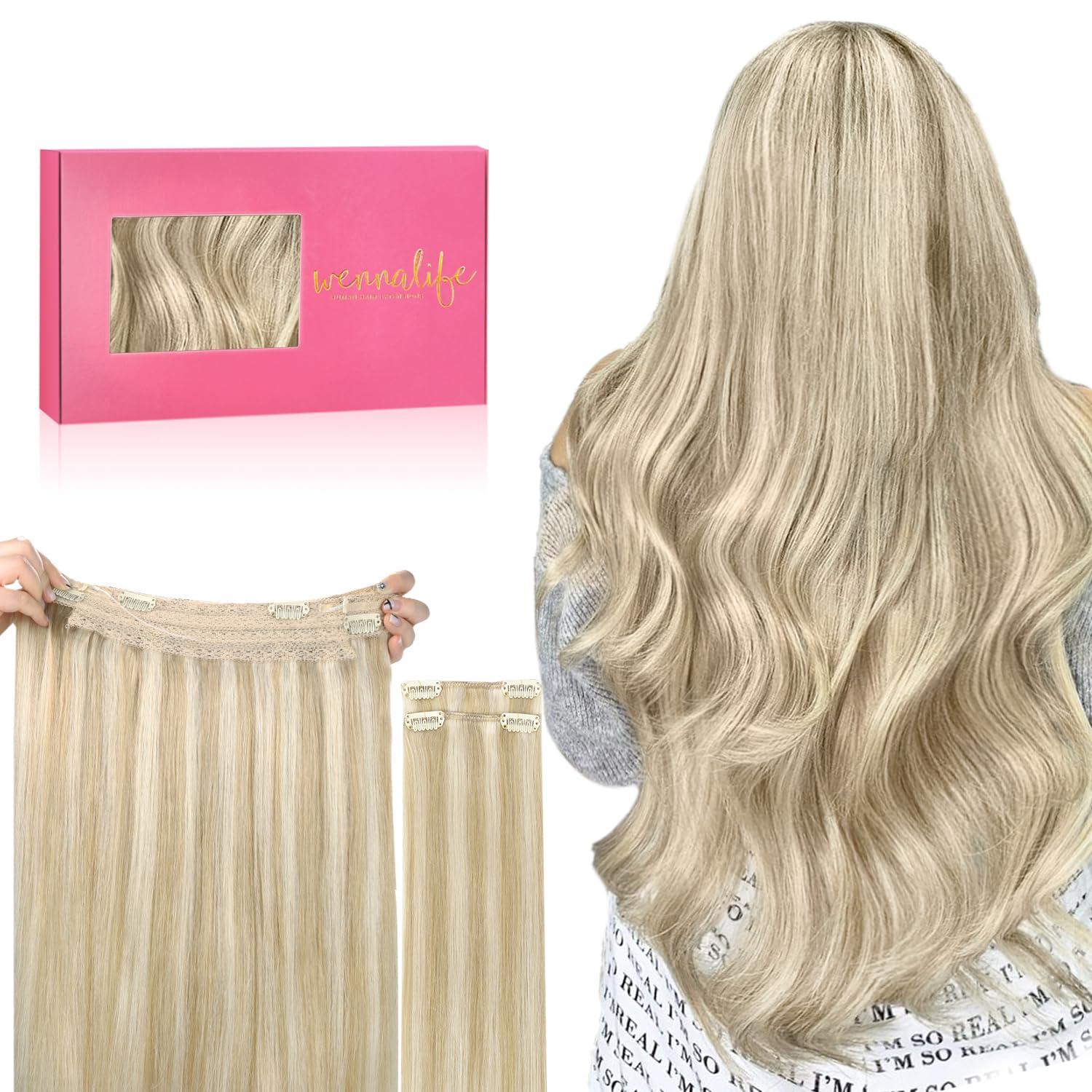 imageWENNALIFE Wire Hair Extensions Increase 50 Lifespan Real Human Hair 18 inch 95g Jet Black Remy Hair Invisible Transparent Wire Fish Line Straight Reusable Natural Extensiones De Cabello Humano18A613A Dirty Blonde Highlighted Bleach Blonde