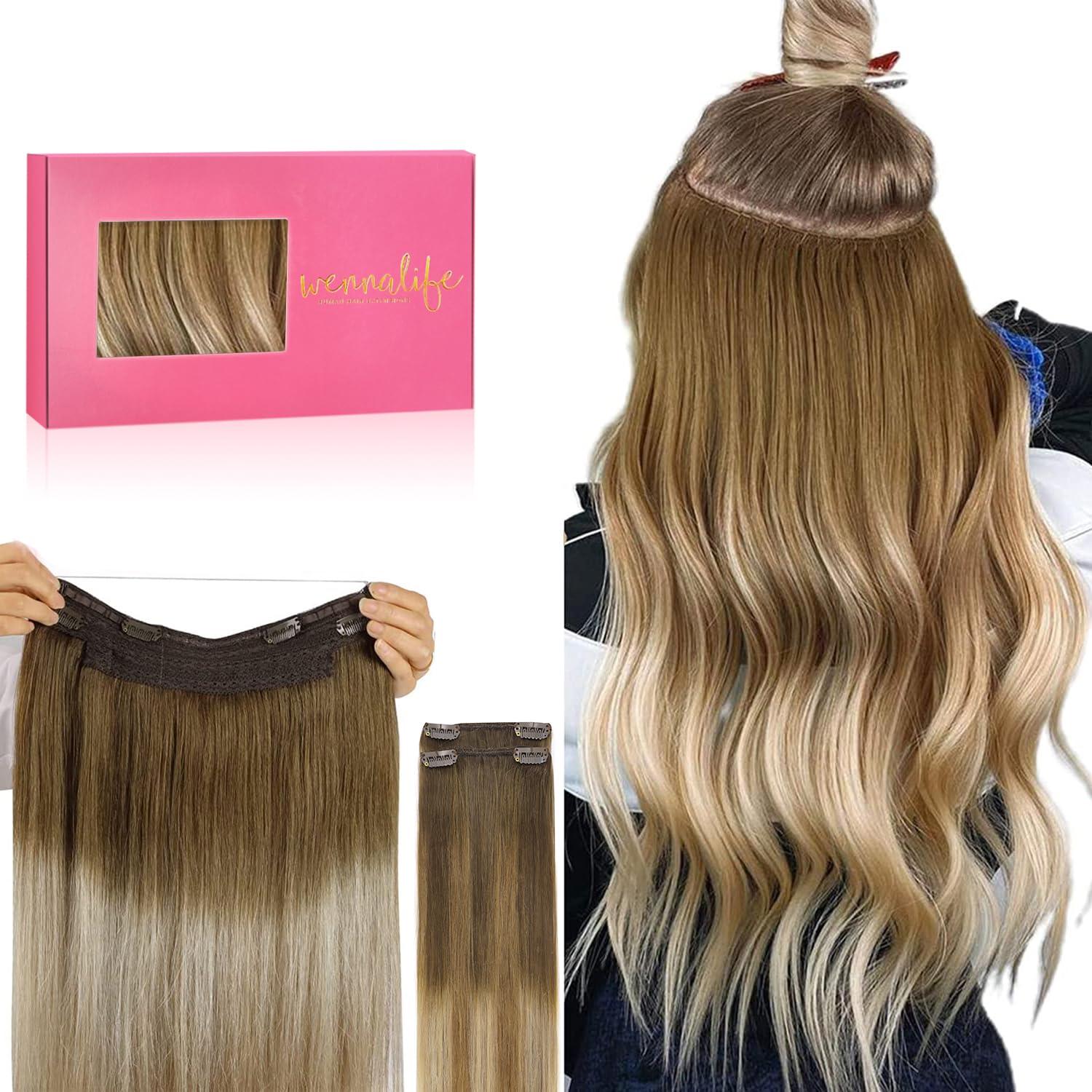 imageWENNALIFE Wire Hair Extensions Increase 50 Lifespan Real Human Hair 18 inch 95g Jet Black Remy Hair Invisible Transparent Wire Fish Line Straight Reusable Natural Extensiones De Cabello Humano38613 Ombre Walnut Brown to Ash Brown and Bleach Blonde