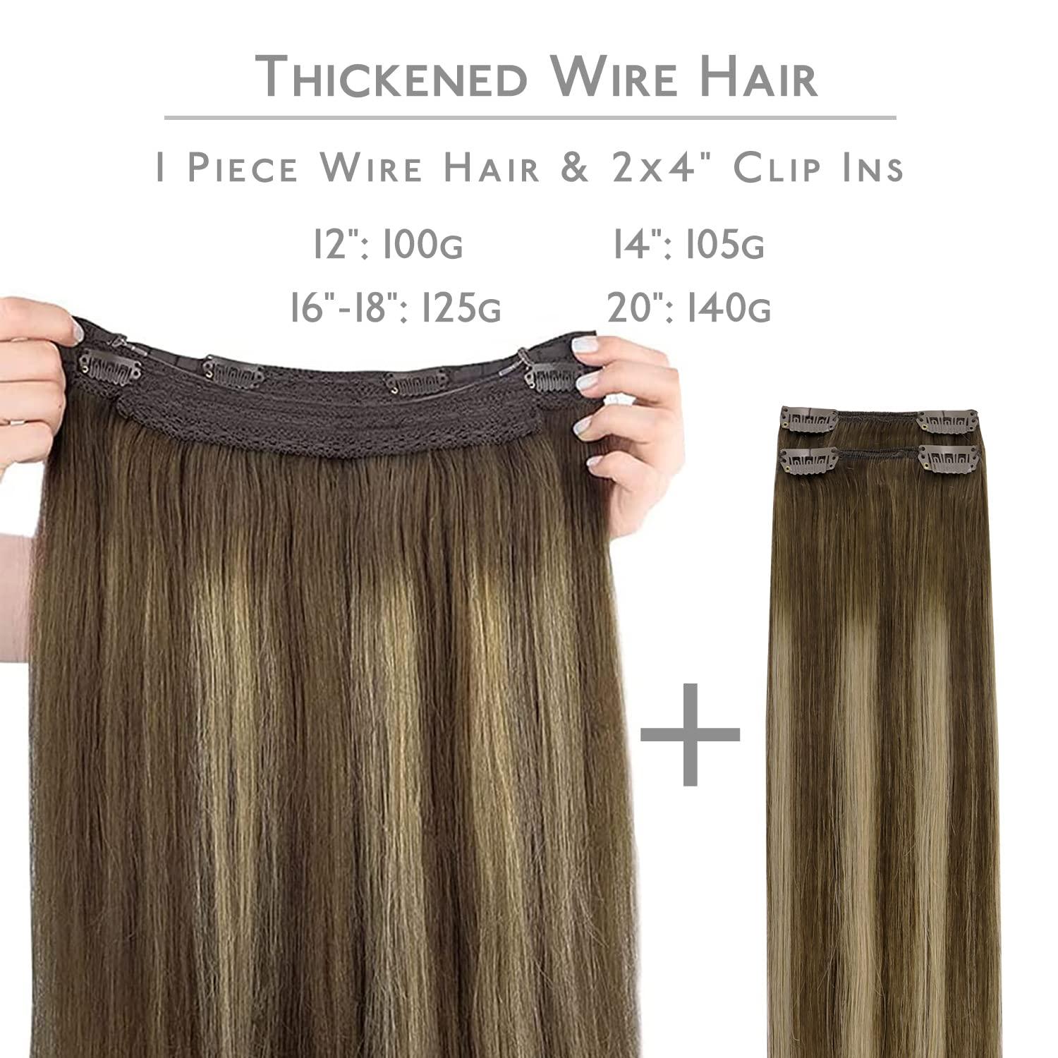 imageWENNALIFE Wire Hair Extensions Increase 50 Lifespan Real Human Hair 18 inch 95g Jet Black Remy Hair Invisible Transparent Wire Fish Line Straight Reusable Natural Extensiones De Cabello Humano4274 Balayage Chocolate Brown to Caramel Blonde
