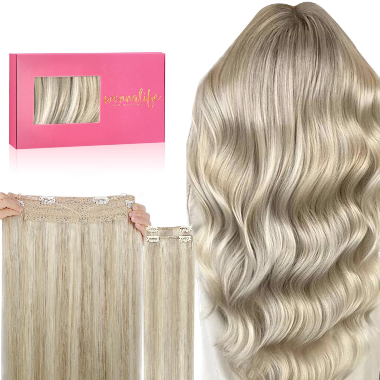 imageWENNALIFE Wire Hair Extensions Increase 50 Lifespan Real Human Hair 18 inch 95g Jet Black Remy Hair Invisible Transparent Wire Fish Line Straight Reusable Natural Extensiones De Cabello Humano17A60A Ash Blonde Highlighted Platinum Blonde