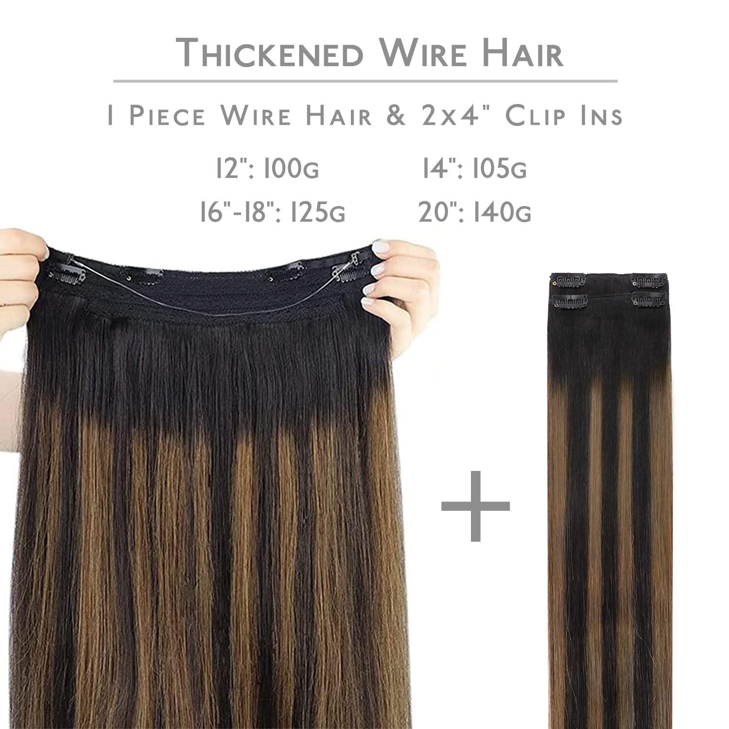 imageWENNALIFE Wire Hair Extensions Increase 50 Lifespan Real Human Hair 18 inch 95g Light Dark Brown Remy Wire Hair Extensions Invisible Transparent Fish Line Straight Real1B61B Balayage Natural Black to Chestnut Brown