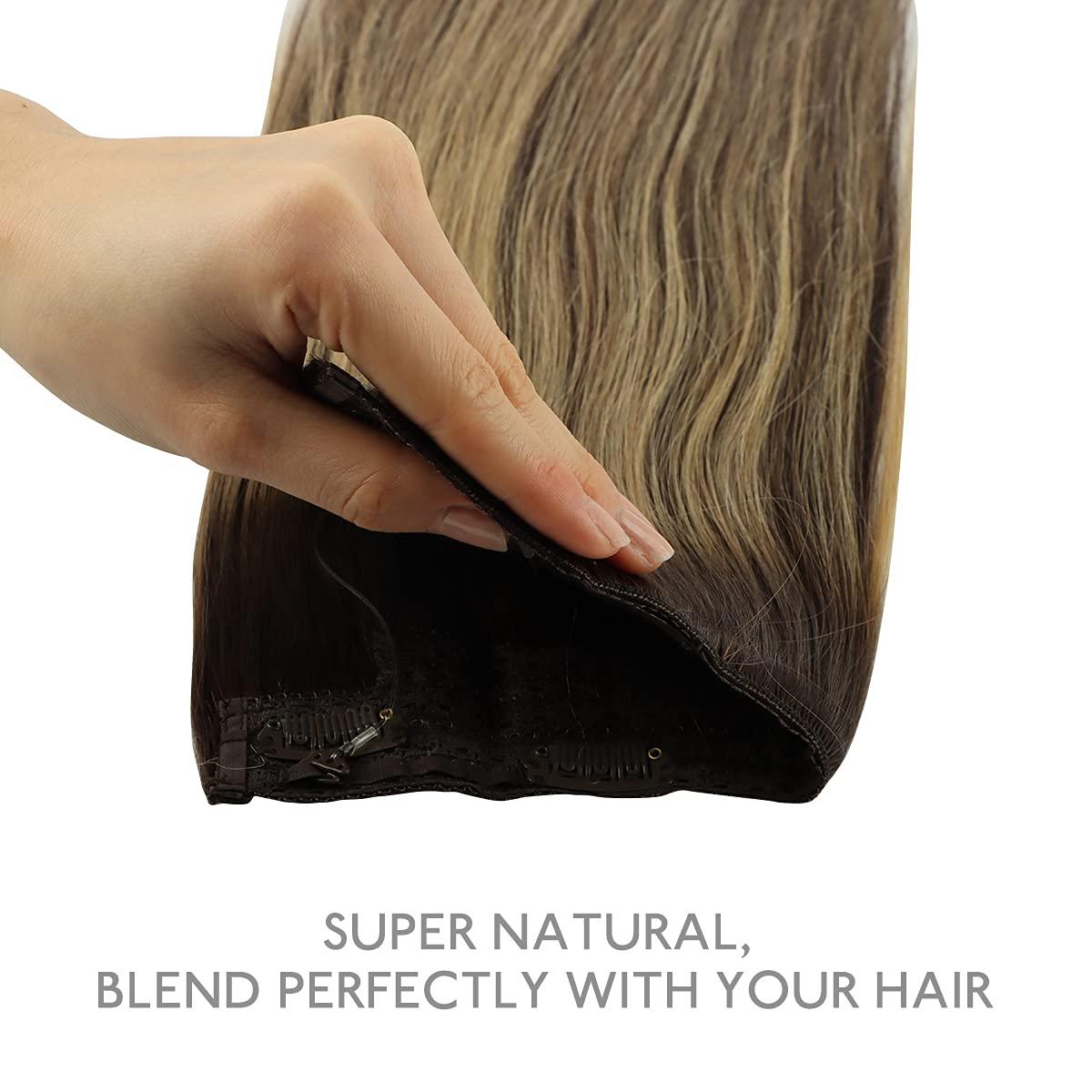 imageWENNALIFE Wire Hair Extensions Increase 50 Lifespan Real Human Hair 18 inch 95g Light Dark Brown Remy Wire Hair Extensions Invisible Transparent Fish Line Straight Real4264 Balayage Chocolate Brown to Honey Blonde