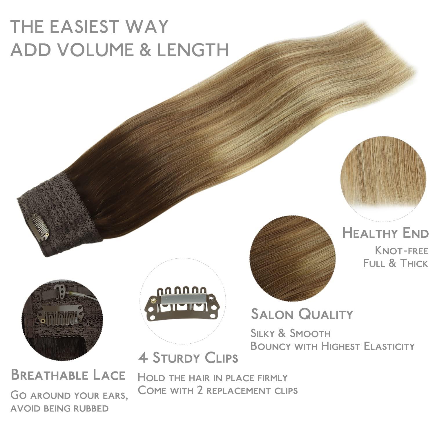 imageWENNALIFE Wire Hair Extensions Increase 50 Lifespan Real Human Hair 18 inch 95g Light Dark Brown Remy Wire Hair Extensions Invisible Transparent Fish Line Straight Real38613 Ombre Walnut Brown to Ash Brown and Bleach Blonde