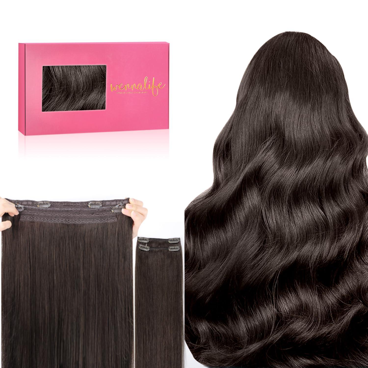 imageWENNALIFE Wire Hair Extensions Increase 50 Lifespan Real Human Hair 18 inch 95g Light Dark Brown Remy Wire Hair Extensions Invisible Transparent Fish Line Straight Real2A Light Dark Brown